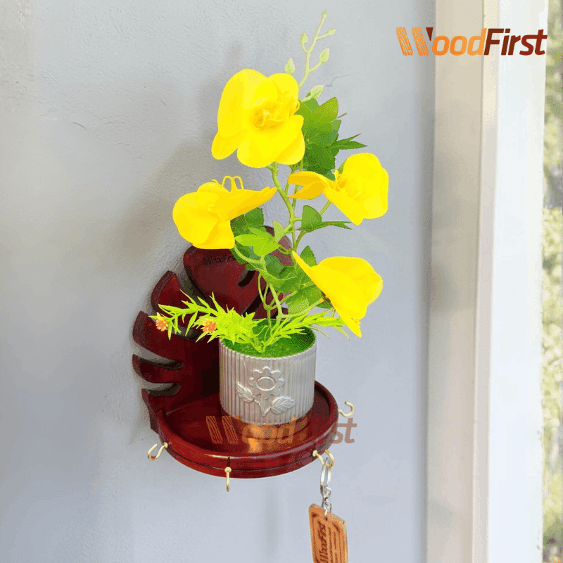 Key Racks Flowetr Yellow Orchid Flower, Wooden Key Hanger With Shelf & Wooden Key Ring ...